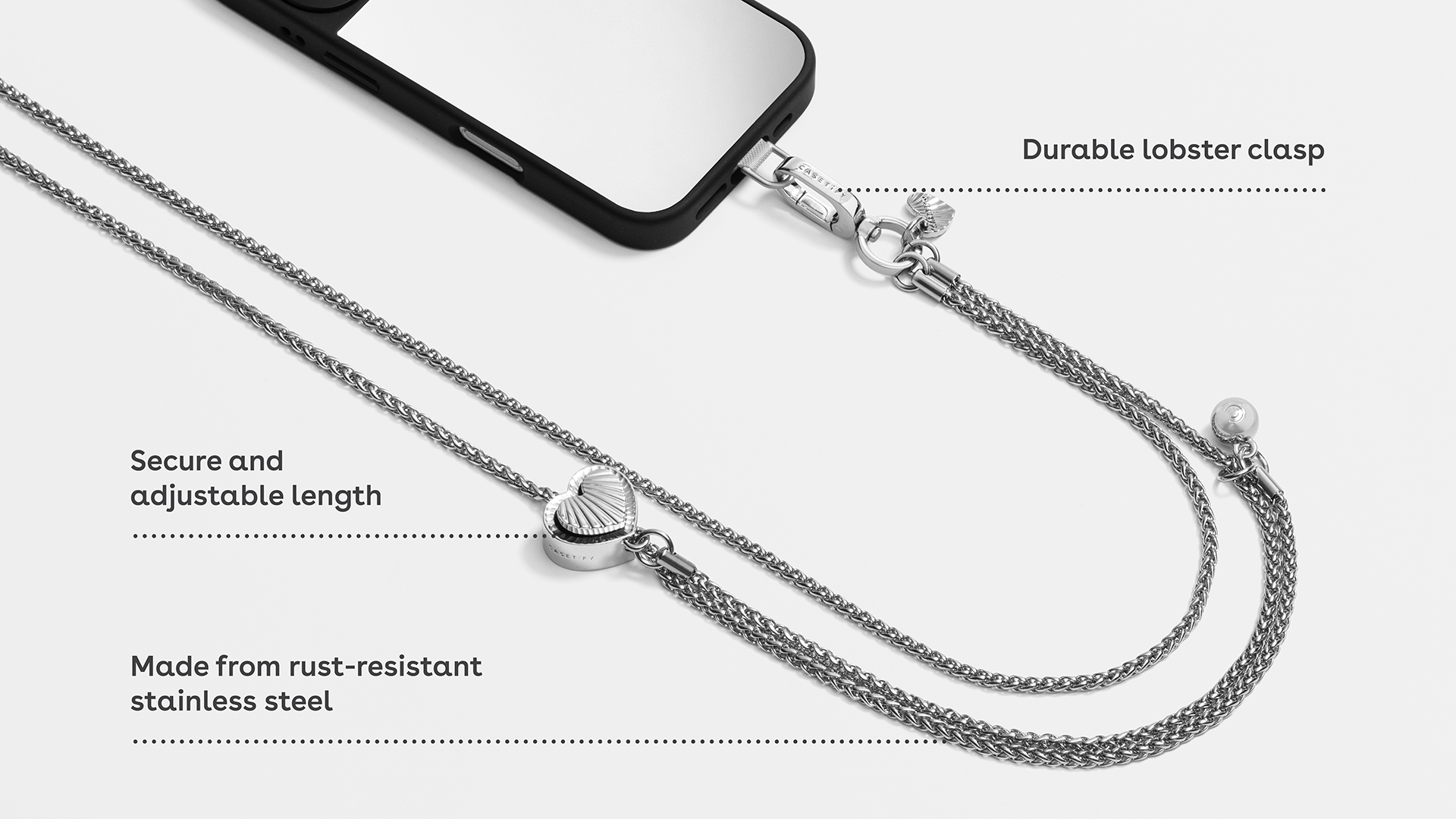 Casetify รุ่น Metal Heart Cross-body Chain - สายคล้อง - สี Glossy Silver