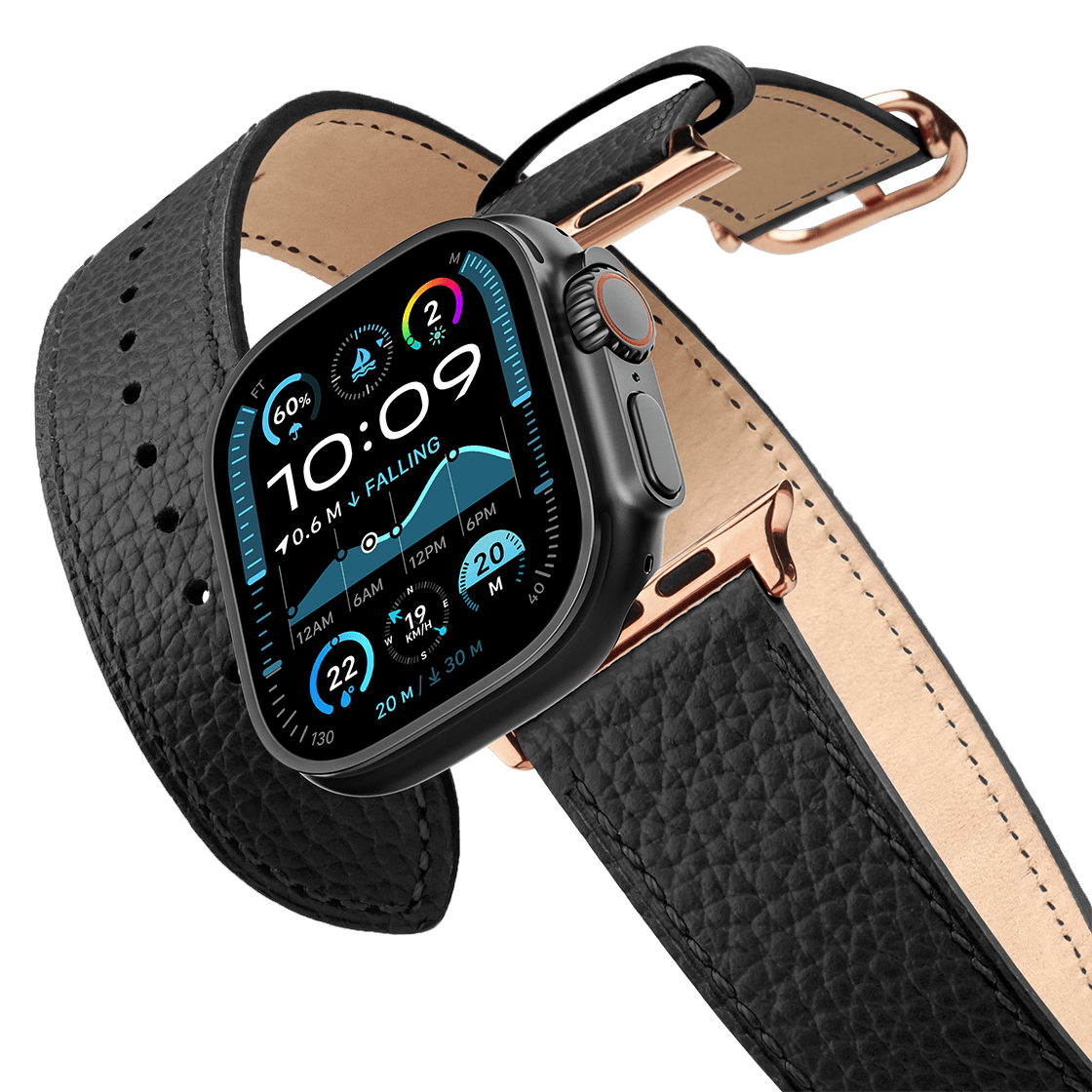 2-in-1 Italian Leather Watch Band - Black
