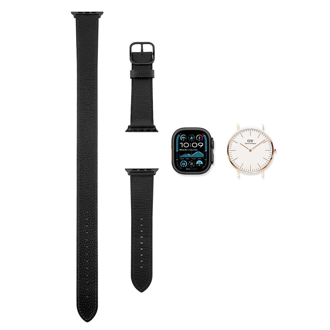 2-in-1 Italian Leather Watch Band - Black